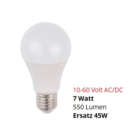 SPL E27 LED Lampe, Globe "A60", 12-60V AC/DC, 7W, matt